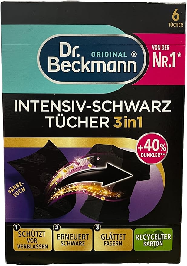 Dr. Beckmann Intensive black cloths, for intense black and smooth fibres, 6 cloths | Colour care 3 in 1 | proven effect | for jeans, shirts and dark textiles | straight into the drum