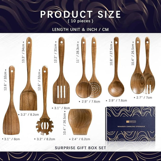 Wooden Spoons for Cooking, Nonstick Cooking Utensil Set with 9 Piece Acacia Wooden Spatulas and Spoons, as well as a Extra Whole Wood Spoon Rest, Terrific for Everyday Kitchen Tasks
