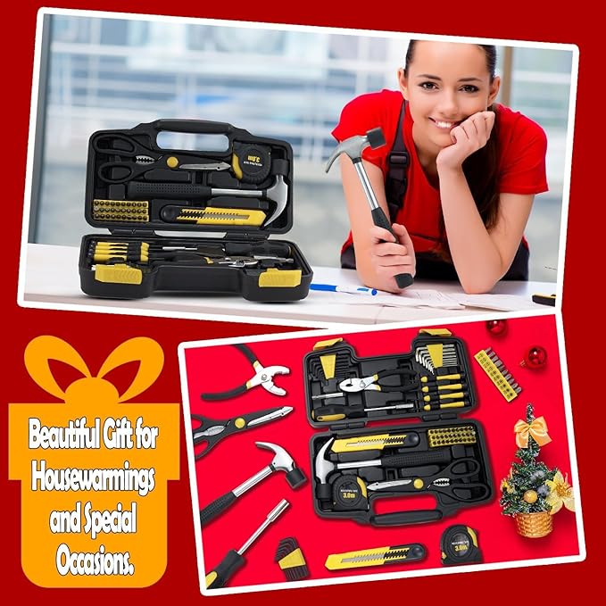 MARTCOLOR 58 Piece Household Tool Set, General Household Hand Tool Kit with Plastic Toolbox Storage Case, All Purpose Household Tool Kit for Home, Garage, Office and College Dormitory Use, Yellow