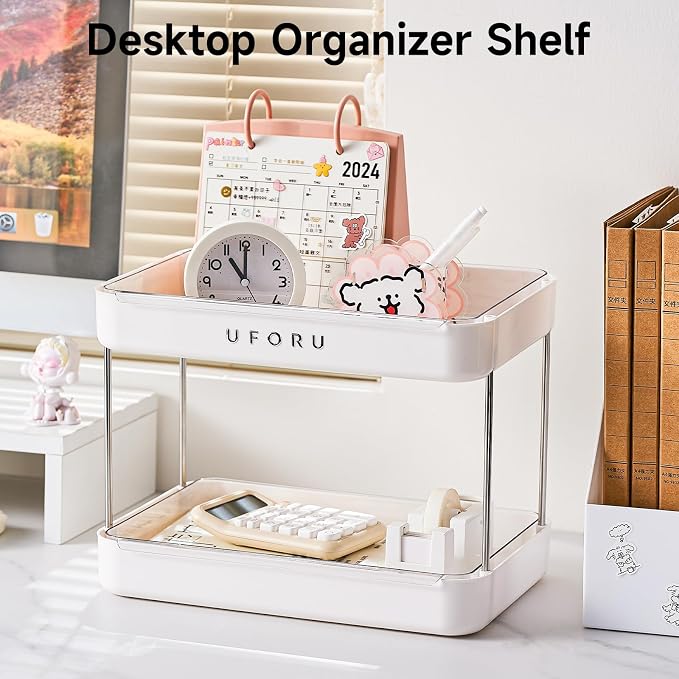 UFORU Countertop Coffee Station Organizer,Cup Rack,Mug & Wine Glass Holder | 2-Tier White Mug Shelf With Removable Drain Tray,Bathroom Countertop Organizer,Spice Rack for Kitchen