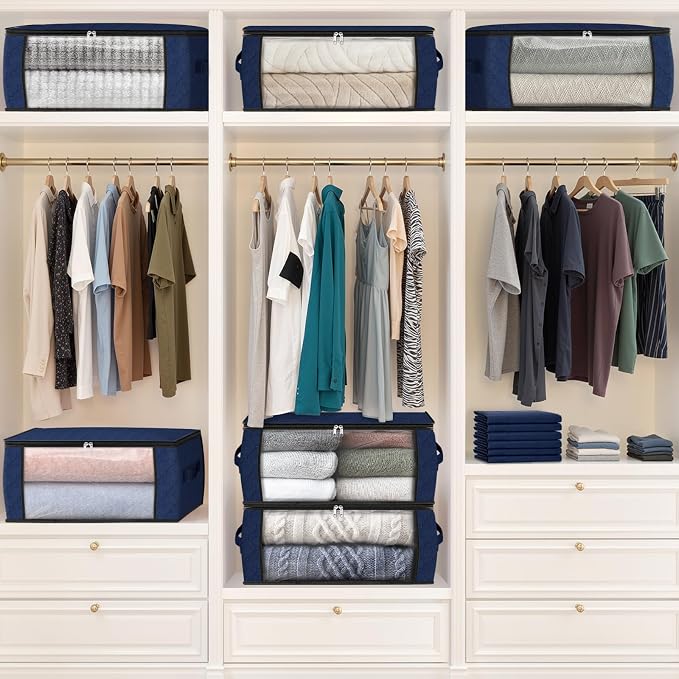 Fab totes 35L Closet Organizers and Storage, Foldable Under Bed Storage Containers, Storage bags for Organizing Bedroom, Closet, Clothing,Organization with Handle (8 Pack,Blue)