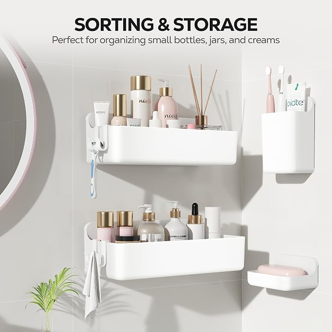 Nieifi Adhesive Shower Shelves, White, 4 Pieces | Rustproof ABS, Large Capacity, Removable Design, Easy-Clean, No Drilling Shower Organizer for Bathroom Storage & Home Decor