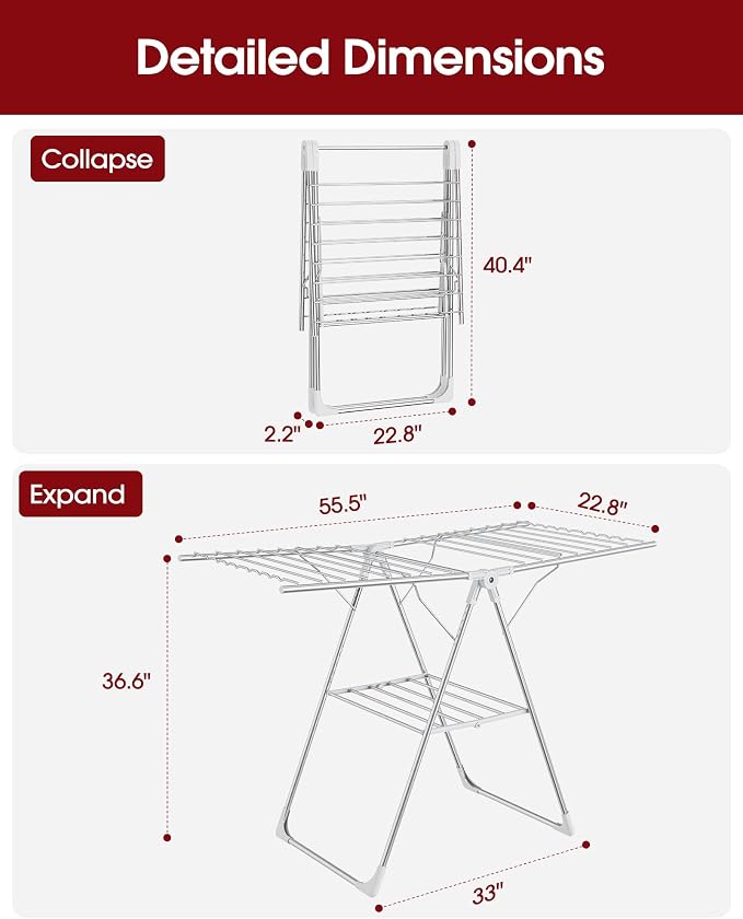 Sakugi Clothes Drying Rack, 55.5" Adjustable Wings, Foldable Design | Laundry Room, Bedroom, Outdoor & Indoor Use, Height Adjustable, Collapsible, Silver White, 55.5" L × 22.8" W