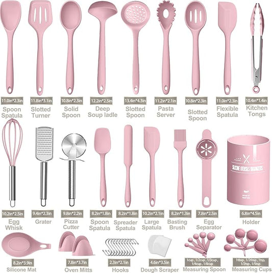 Silicone Cooking Kitchen Utensil Set, AIKKIL 43 Pcs Pink Cooking Utensils Set, Turner, Tongs, Spoon, Spatula, Kitchen Gadgets Tools Set For Nonstick Cookware, Heat Resistant (Dishwasher, BPA Free)