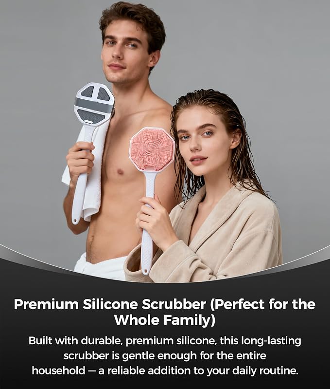 Silicone Body Scrubber with Handle - 2 Pack Body Scrubber with Long Handle, Soft Bristles Gentle Exfoliating Bath Brush for Deep Clean, Grey + Pink