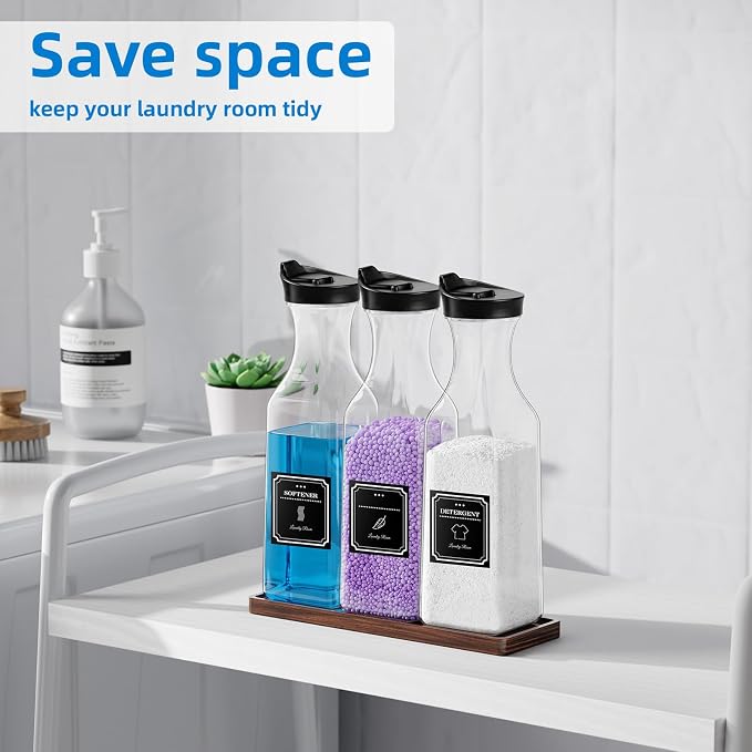 Laundry Detergent Dispenser,54OZ Laundry Soap Dispenser,Liquid Laundry Detergent Container,Fabric Softener Dispenser with Brown Wood Tray,Laundry Room Organizer with 4 Labels