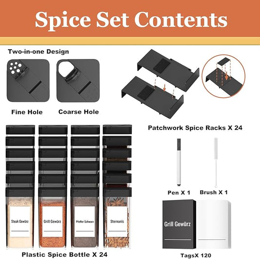 Famhap Spice Drawer Organizer 24 Pcs with 24 Plastic Spice Jars and Labels,Interlocking Expandable Seasoning Rack Tray Insert for Kitchen Drawers, Spice Rack Drawer