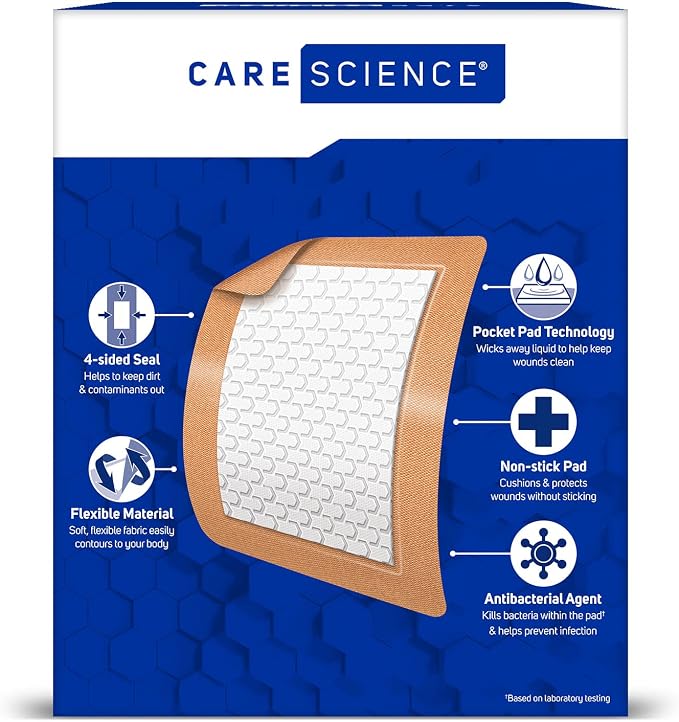 Care Science Fabric Adhesive Pad Bandages, Extra Large, 3in x 4in, 30 Count | Flexible + Breathable Protection for First Aid and Wound Care. Great for Large Areas like Arms, Legs, Back & Stomach