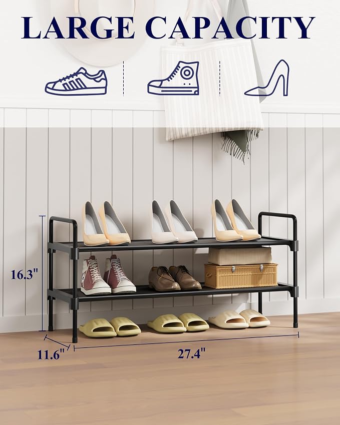Kitsure Shoe Rack for Closet, Shoe Organizer for Front Door Entrance, Stackable Shoe Shelf, Detachable Closet Organizers and Storage, 27.4" Wide - 2 Tiers, Black | Closet, Front Door Entrance, Entryway, Stackable & Detachable Shelf, Closet Organizers a...