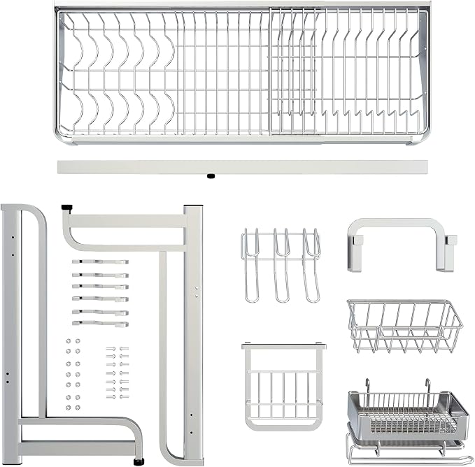 LIVOD Over The Sink Dish Drainer Drying Rack, 2 Tier Full Stainless Steel Storage Adjustable Length Kitchen Rack, Multifunctional Expandable Counter Organizer, Space Saver Dish Rack