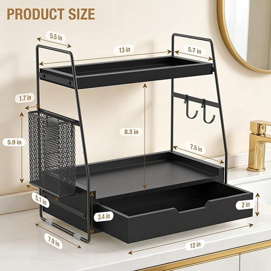 2-Tier Bathroom Counter Organizer with Drawer & Removable Basket, Wood & Metal Vanity Organizer for Skincare, Makeup, Perfume, Toiletries, Small Bathroom Counter Shelf, 13'' Black
