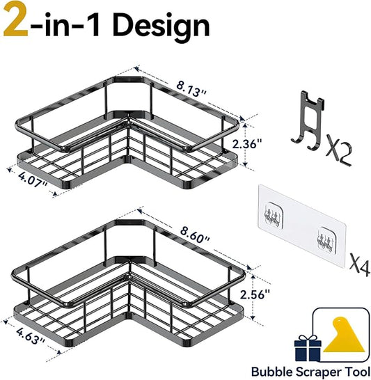 YASONIC Corner Shower Caddy 2 Pack, No Drill Adhesive Shower Storage Shelves, Rustproof Stainless Steel Wall Mounted Bathroom Organizer Shelf with 2 Removable Hooks for Dorm & Renters, Black