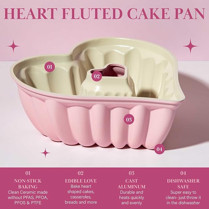 Paris Hilton Heart Shaped Fluted Cake Pan, Cast Aluminum with Clean Ceramic Nonstick Bakeware Fluted Tube Pan, Dishwasher Safe, Made without PFAS, PFOA, PFOS & PFTE, 9-Inch, Pink