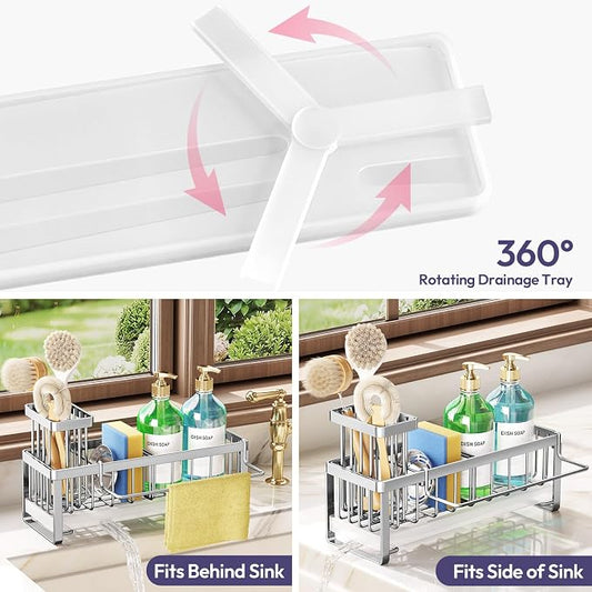 SWTYMIKI Sponge Holder for Kitchen Sink - Sink Caddy with Brush Holder Self-draining Sponge Caddy Organizer with Divider Stainless Steel Kitchen Accessories Storage for Countertop, Silver - Large