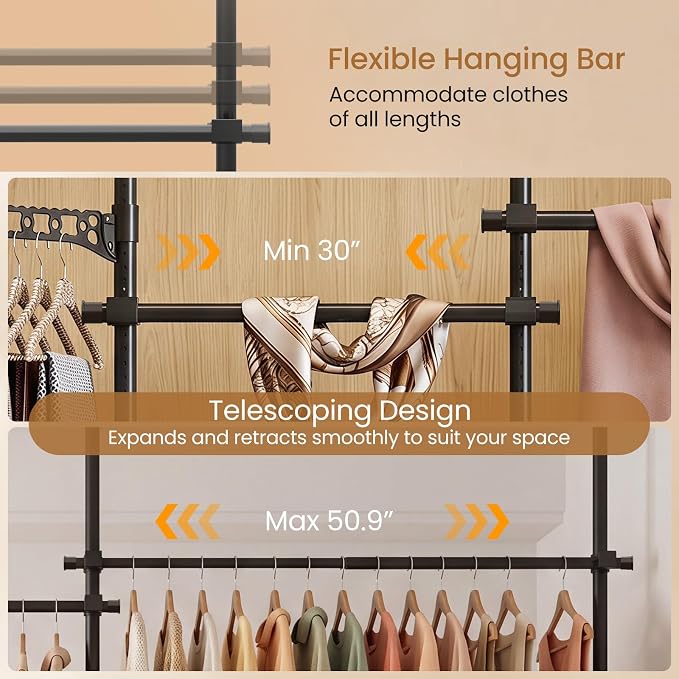 Giantex Floor to Ceiling Clothes Rack, Heavy Duty DIY Garment Rack 4 Rods | Tension Pole Closet System w/ Folding Drying Rack, Reacher Pole, Metal Garment Organizer for Bedroom, Laundry Room, Closet