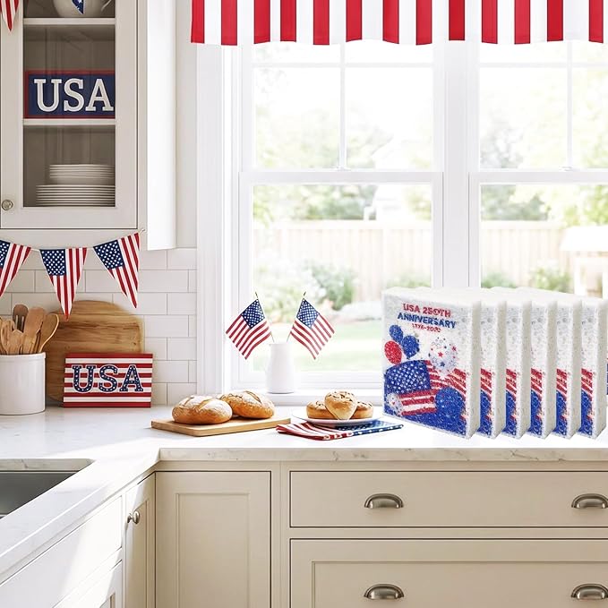 Scratch Scrub Sponge, 4th of July 6 Kitchen Sponges for Cleaning Around the Home, Bathroom & More, American Flag USA Large Size Scratch-Free Dish Scrubber (4" x 6" x 1", USA Flag)