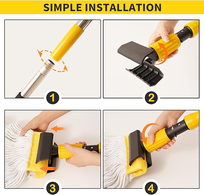 Professional Commercial Mop Industrial Heavy Duty Mop with 54" Long Handle ,Wet Mop for Home,Workshop,Garage Floors Cleaning,with 53'' Stainless Steel Mop Handle,Yellow