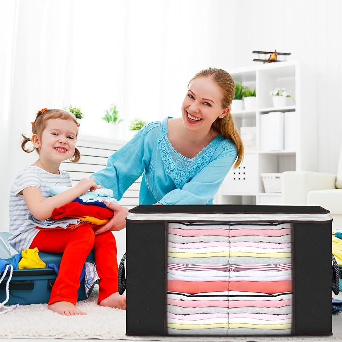 90L Large Storage Bags, 10 Pack Clothes Storage Bins Closet Organizers | Foldable Storage Containers, with Reinforced Handle, for Clothing, Blanket, Comforters, Bed Sheets, Pillows and Toys,Black