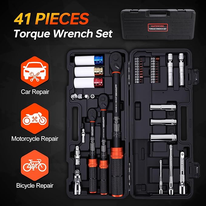 41PCS Torque Wrench Set 1/4 3/8 1/2-Inch Drive, Complete Click Torque Wrench Kit with Sockets, Bits, Extension Bars & Adapters, ±3% Accuracy 72-Tooth Dual-Scale Wrenches for Bike, Moto, Car, Truck