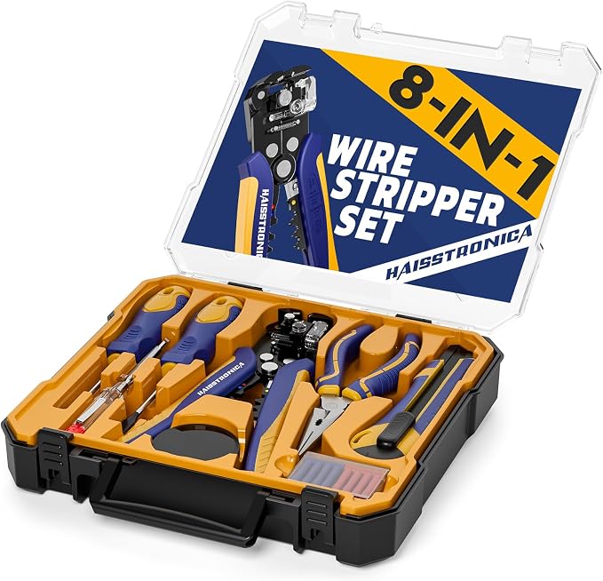 haisstronica 8PCS Electrician Tool Kit, Automatic Wire Stripper, Pliers | Voltage Pen, 2 Drivers, Utility Knife, Tape, Storage Case, Electronics Repairs