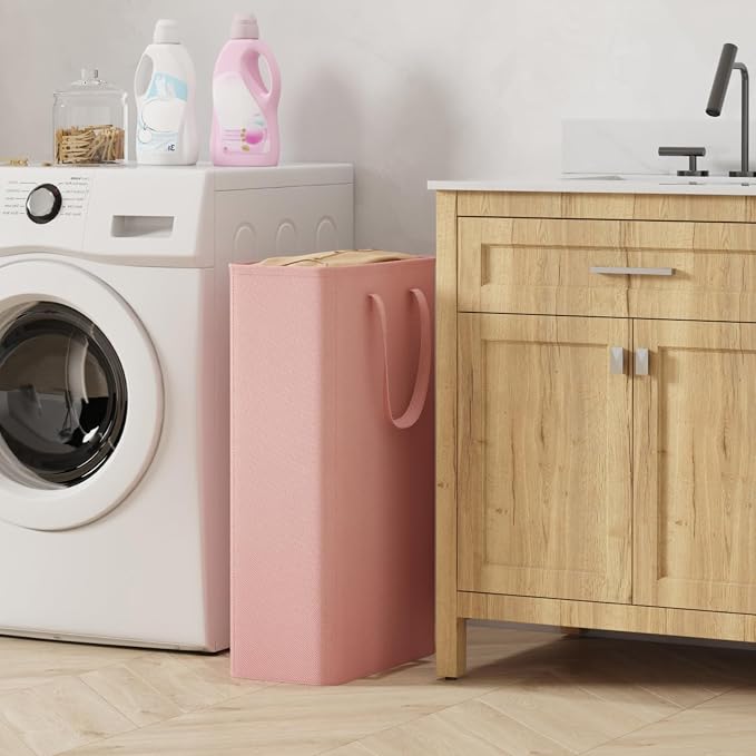 Lifewit 65L Narrow Laundry Basket Tall for Dirty Clothes, Slim Collapsible Laundry Hamper with Handles, Laundry Bag Bin for Bedroom Dorm Laundry Room, Pink