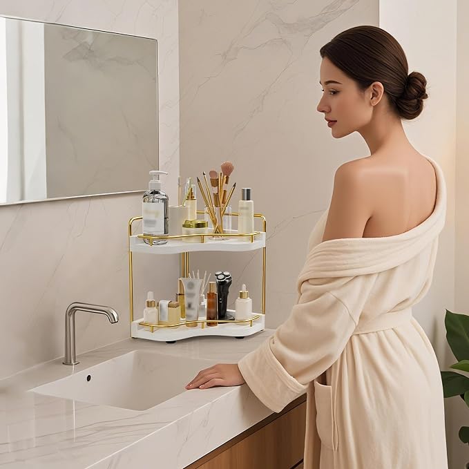 2-Tier Corner Bathroom Counter Organizer, Larger Size | Embedded Screw Holes, Sturdy & Stable, Oversized, Holds More, Vanity Shelf for Makeup & Skincare, White Gold