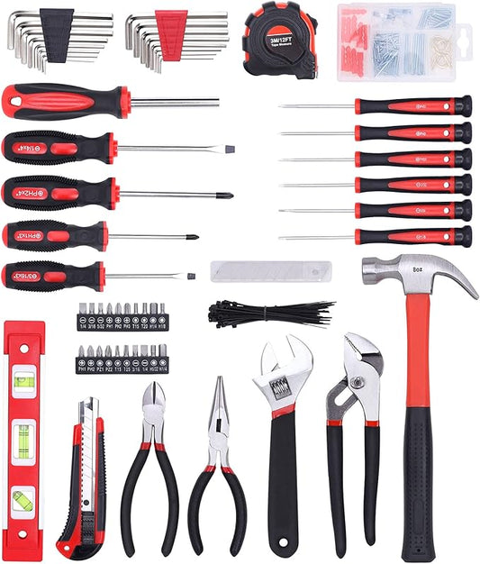 FASTPRO 215-Piece Home Repairing Tool Set with 12-Inch Wide Mouth Open Storage Bag, Household Hand Tool Kit,Red