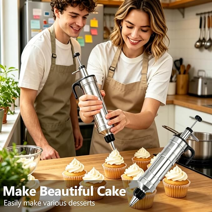 Dessert Decorating Syringe Set, Stainless Steel Frosting Piping Kit with 2 Tip Couplers & 6 Decorating Piping Tips Icing Piping Kit Cupcake Decorating Kit Cake Decorating Tools (Black)