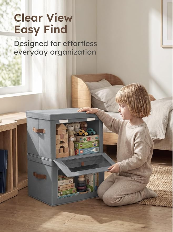 Homsorout Medium Fabric Storage bins - Collapsible Storage Bins with Open Window, 4 Pack Closet Baskets for Shelves, Stackable Decorative Boxes for Home, Dorm, Grey, 13.7"x 9.8" x 9.8"