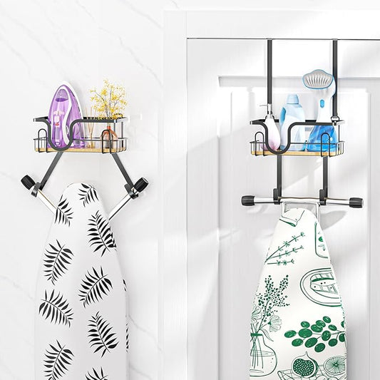 Ironing Board Holder Wall Mount, Ironing Board Hanger, Over The Door Iron Boards Holder for Laundry Room Organization, Iron and Ironing Boards Caddy, Black Irons Hanger with Storage Basket(T&V Shaped)
