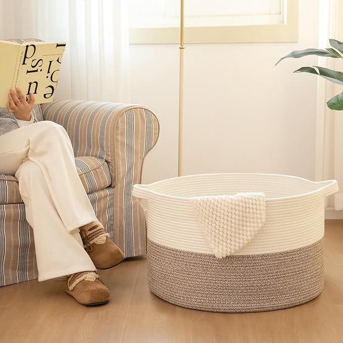 OIAHOMY 90L XXXLarge Blanket Basket for Living Room, 21.7" x 13.8" Woven Cotton Rope Laundry Basket for Organizing Pillows, Decorative Stuffed Animal Toy Storage for Nursery, Green and Grey