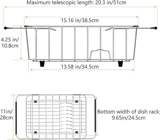 NiuYichee Stainless Steel Dish Drying Rack(15"L X 11"W X 4.1"H), Expandable Fruit & Vegetable Drain Rack over Sink, Dish Drainer Rack in Sink, with Stainless Steel Utensil Holder & Silicone Mat(16")