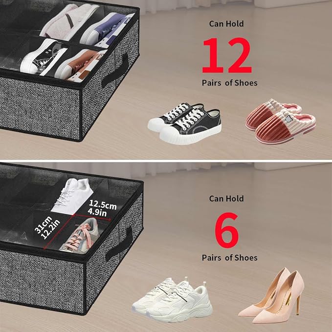 Onlyeasy Under Bed Shoe Storage Organizer For Closet, 4 Pack Fit 12x4 Pairs, Underbed Solution Shoes Container Bags with Sturdy Sidewall & Reinforced Handles, Breathable, Linen-like Black, MXAUBSB4P