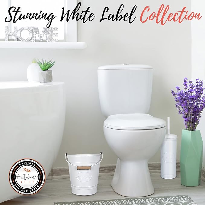 Autumn Alley Metal Toilet Brush with Holder, Farmhouse Bathroom Decor, Galvanized, White