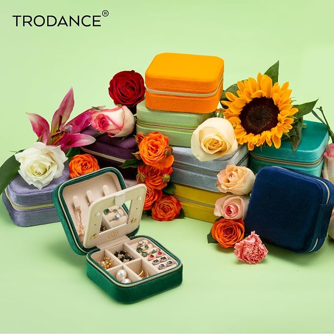 TRODANCE Plush Velvet Travel Jewelry Case Organizer, Small Travel Jewelry Box,Portable Jewelry Box Travel Mini Organizer Portable Display Storage Box For Rings Earrings Necklaces (Orange)