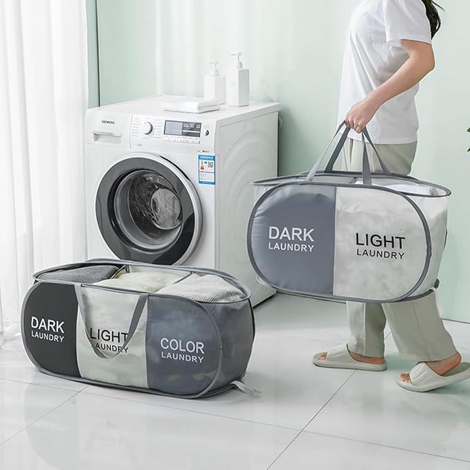 Collapsible Laundry Baskets with 2 Compartments, Black + Begie | 105L, Foldable, Pop up Hamper, Reinforced Durable Laundry Hamper for Home, Laundry, Bathroom, Dorm or Travel