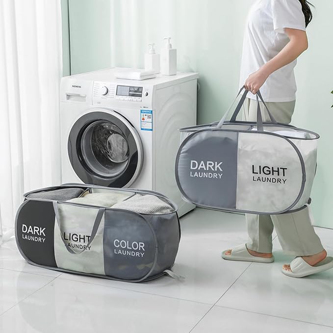 Collapsible Laundry Baskets with 3 Compartments, Black + Grey + Begie | 75L, Foldable, Pop up Hamper, Reinforced Durable Laundry Hamper for Home, Laundry, Bathroom, Dorm or Travel