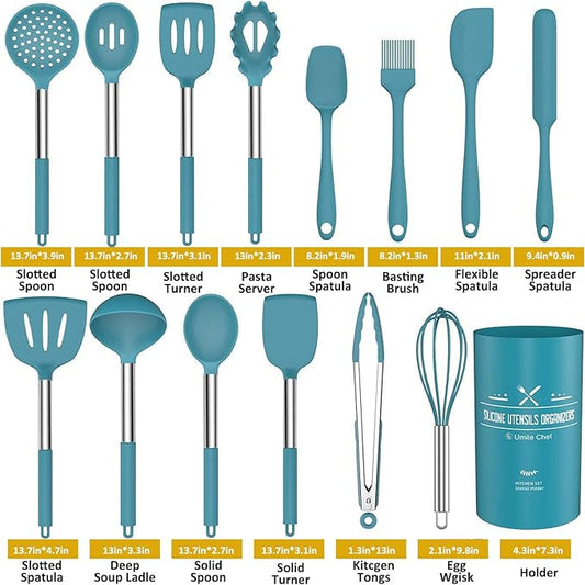 15 Pcs Silicone Cooking Utensils Kitchen Utensil Set - Umite Chef 446°F Heat Resistant Stainless Steel Handles Kitchen Gadgets Tools Set for Nonstick Cookware(Blue)