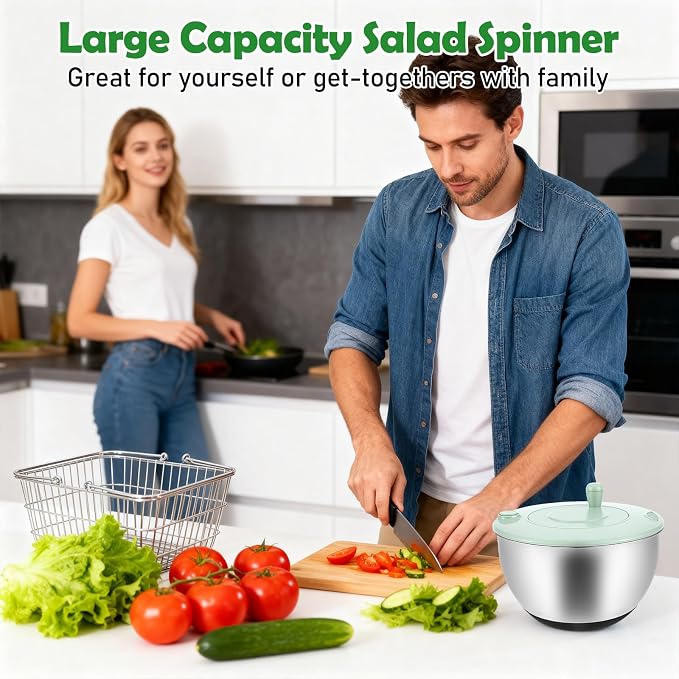 3 in 1 Stainless Steel Salad Spinner, 4.2 QT Large Vegetable Dryer Lettuce Spinner with 5 Blade Slicer Non Slip Base, for Kitchen Salad Vegetables