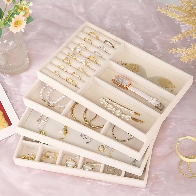 Cirhy Velvet Jewelry Drawer Organizer Trays – Stackable Jewelry Trays for Drawers, Set of 4 Jewelry Organizer for Drawer Inserts, Display Storage Box for Earrings, Rings, Necklaces, Bracelets