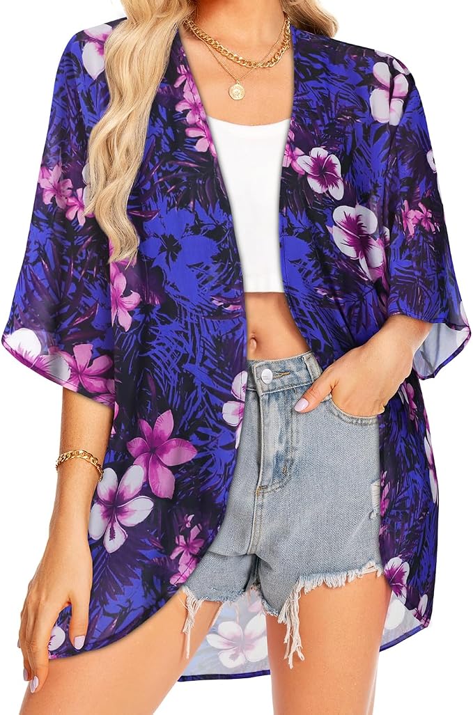 Women Kimono Cardigans Summer Cover Up Hawaiian Shirts Floral Print Tops | ROSEMIA chiffon kimono open front cardigans, beach cover ups, daily casual tops, cruise outfits, summer resort wear