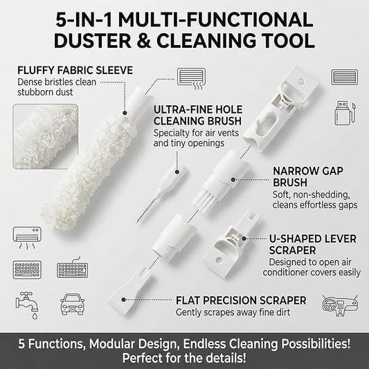Home Detail Cleaning Kit, Crevice Cleaning Brush, 5-in-1 Detail Duster, Replacement Pads, Microfiber Sleeves and Storage Bag for Window Tracks, Air Vents, Kitchen and Bathroom