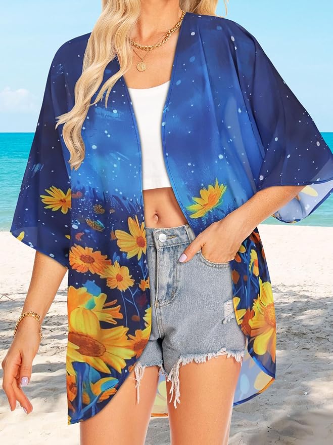 Women Kimono Cardigans Summer Cover Up Hawaiian Shirts Floral Print Tops | ROSEMIA chiffon kimono open front cardigans, beach cover ups, daily casual tops, cruise outfits, summer resort wear