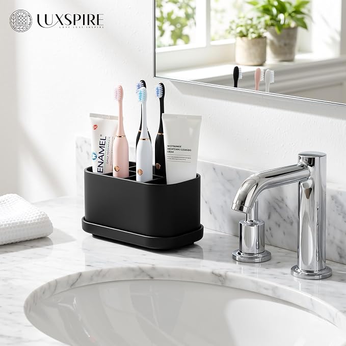 Luxspire Toothbrush Holders for Bathrooms, Silicone, 5 Slots, Black | Toothbrush Organizer with Suction Cup Tray, Toothbrush Holder with Drainage for Bathroom Countertop