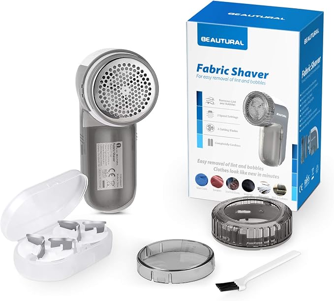 BEAUTURAL Fabric Shaver and Lint Remover, Portable Sweater Defuzzer | Battery Operated, 2 Speeds, 2 Replaceable Stainless Steel Blades, Remove Clothes Fuzz, Lint Balls, Pills, Bobbles