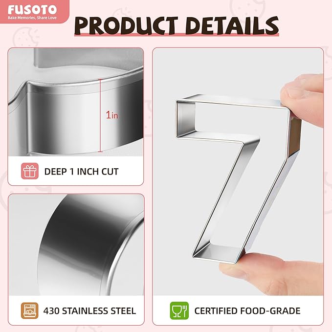 FUSOTO 9PCS Number Cookie Cutters Set, Birthday Numbers 0-8(6 Reverses to 9), 4 Inches Stainless Steel Cookie Cutters for Baking, Number Shaped Baking Tool for Homemaking Biscuit, Cookie, Dough