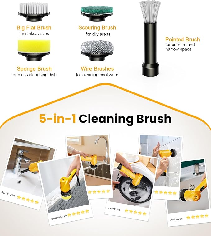 Battery Electric Spin Scrubber Q4, Handheld Scrubber for Cleaning with Display, Power Dish Scrubber with 5 Heads, Shower Cordless Cleaning Brush for Bathroom/Sink/Window