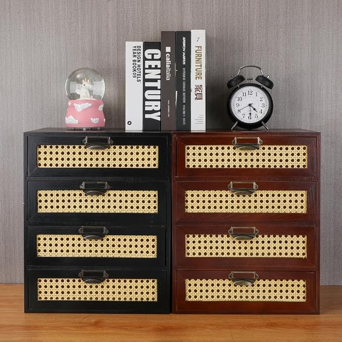 GoooodGIFT Wooden Drawers Large Wooden Box with Drawer, Brown | 4 Drawer Wood Storage Box , Vintage Desktop Organizer with Drawers, Desk Organizers for Library Card Catalog Cabinet