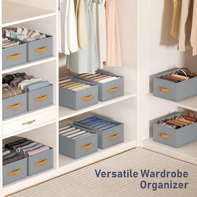 DIMJ Wardrobe Clothes Organizer - 4/5/7 Grids Foldable Closet Drawer Organizer Dividers for Jeans, Pants, Sweater, T Shirt, Storage Bins with Handles for Shelf