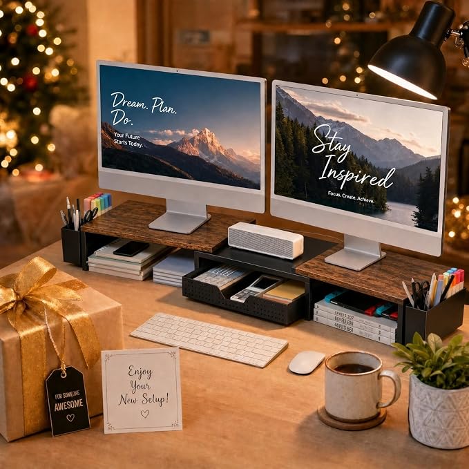 OPNICE Desk Organizers and Accessories, Dual Monitor Stand Riser with Drawer and 2 Pen Holders, Desk Shelf Computer Racks for Office Workspace Organizers, Desktop Organization (Rustic Brown)
